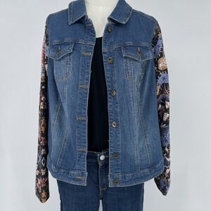 One World Blue Denim Jacket‎ Women's 1X With Embellished Sleeves With Sequins
